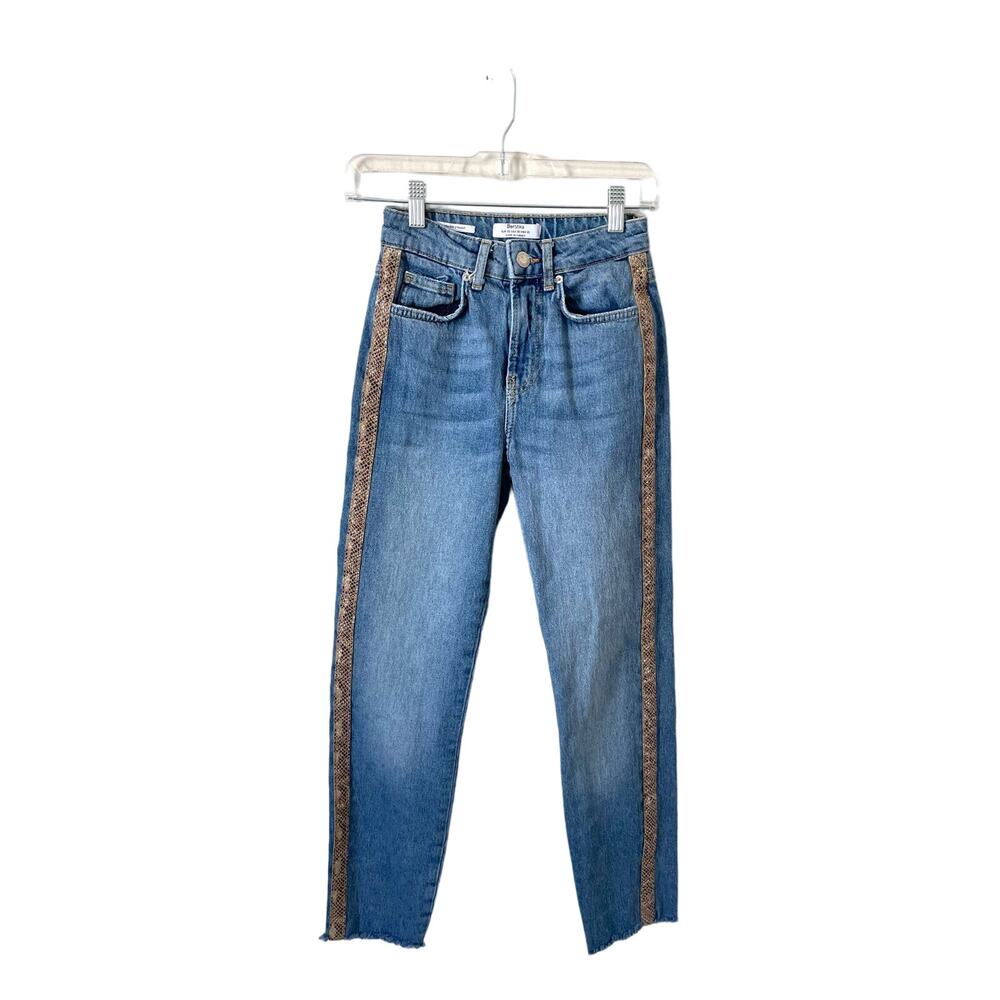 Bershka High Rise Straight Snake Stripe Denim Jeans Blue Beige Size 00 - Picture 1 of 7
